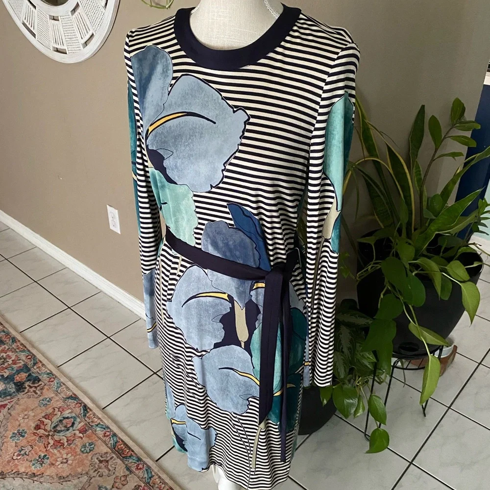 Tory Burch Silk LKNW Dress Long Sleeve Striped Floral Print Large Belted